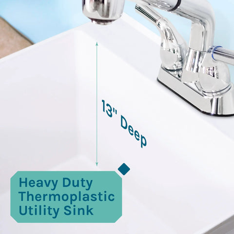White Utility Sink With Pull Out Chrome Faucet And Sprayer For Laundry Room Basement Garage Or Shop, 13-inch deep thermoplastic tub