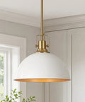 Caiselee 13 in Dome Pendant Light, 1-Light White and Gold Pendant Lighting hangs from a ceiling, showcasing its elegant dome design.