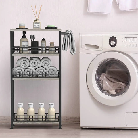 Four Tier Narrow Storage Cart On Wheels With Wood Tabletop, Slide Out Shelves, next to washing machine with towels and bottles.