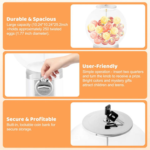 White Coin Operated Vending Cabinet And Premium Candy Dispenser For Home Arcade Or Retail Counter Big Time Five Hundred Ball Storage showcasing user-friendly design and lockable coin bank.