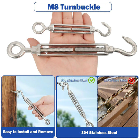 Close-up of two M8 turnbuckles from Beefy Heavy Duty 50 Foot Stainless Steel Wire Rope Kit, showing details and installation in hand.