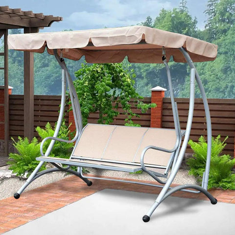 Beige Outdoor Swing Canopy Replacement Top Cover Easy Fit All Weather Rainproof Dustproof Weatherproof With Durable 190T Polyester Taffeta Includes Swing Cushion Cover For Patio Furniture And Garden Seats on a metal frame swing in garden setting