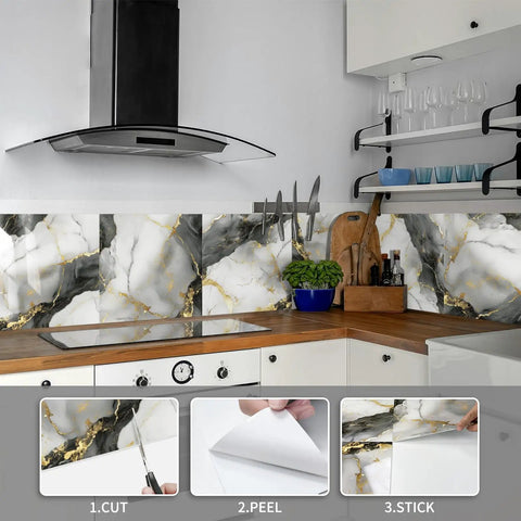 Marble Peel And Stick Backsplash Tiles 12x12 Inches Waterproof PVC Self Adhesive Wall Panels installed in kitchen