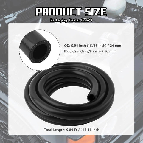 Coiled black silicone heater hose, ID 16 mm (5/8 in), OD 24 mm, 9.84 ft length, automotive coolant/air use.