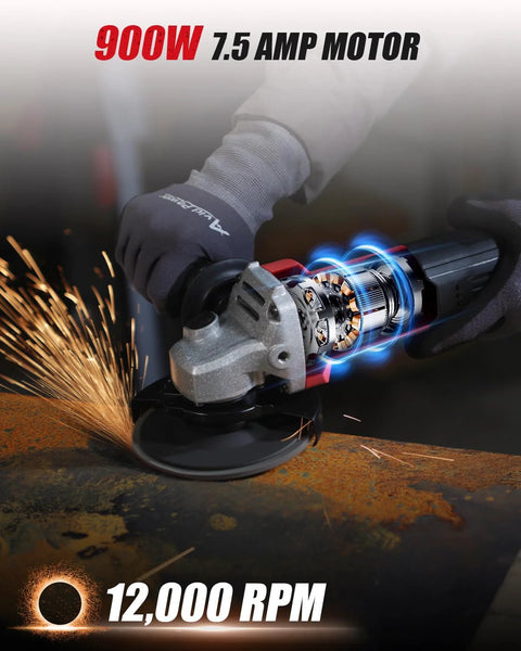 AVID POWER 4-1/2 in angle grinder with 7.5-Amp motor, red body, grinding wheel in use with sparks