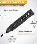 Mini 4V Cordless Rotary Tool With Five Speeds And LED Light 2000mAh Battery showing speed control and Type-C port