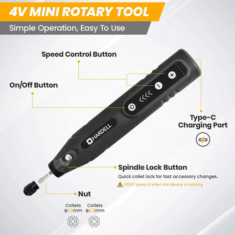 Mini 4V Cordless Rotary Tool With Five Speeds And LED Light 2000mAh Battery showing speed control and Type-C port