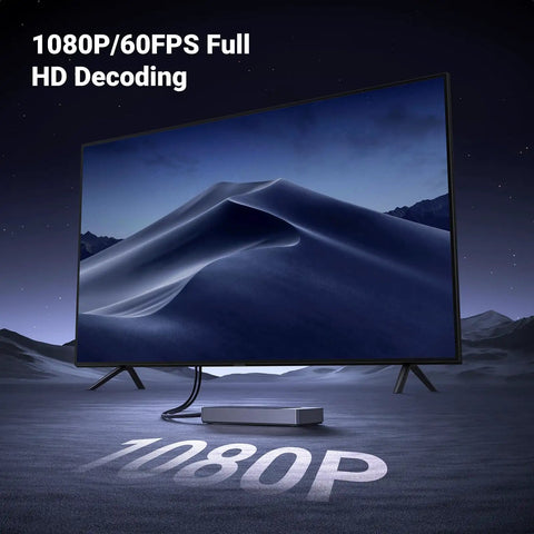 1080P TV showing wireless USB C transmitter and HDMI receiver for 1080p60 video, connected, highlighting 1080P/60FPS feature.