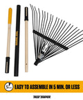 Sturdy Steel Tine Leaf Rake With Hardwood And Steel Handle For Lawns And Dethatching 22 Tines 21.6 Inch Head Black Perfect For Clearing Leaves Debris Straw And Easy Yard Work disassembled with 5-minute assembly time
