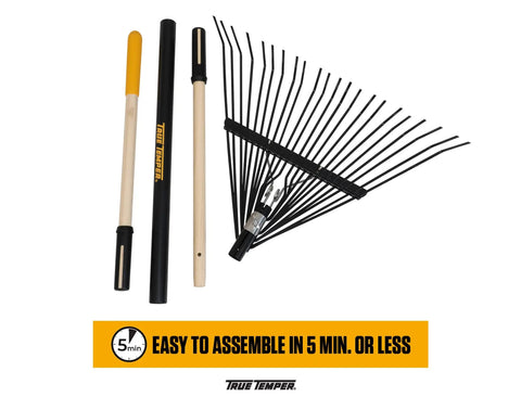 Sturdy Steel Tine Leaf Rake With Hardwood And Steel Handle For Lawns And Dethatching 22 Tines 21.6 Inch Head Black Perfect For Clearing Leaves Debris Straw And Easy Yard Work disassembled with 5-minute assembly time
