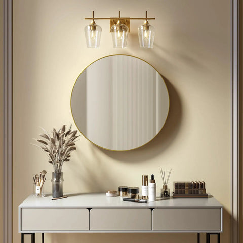 Three Light Vanity Light With Clear Glass Shades In Modern Gold Finish For Bathroom Over Mirror Contemporary Wall Lamp