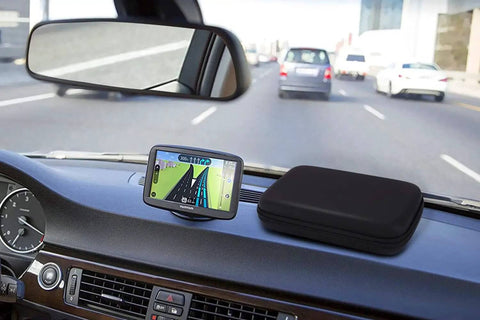 Straight Up 7 Inch GPS Carrying Case Built Tough With Dead Center Shockproof EVA Hard Shell Protective Travel Pouch on car dashboard.