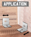 Badass Steel Table Top Fasteners And Heavy Duty Connectors Silver Finish 36 Piece Kit showing two steel brackets for furniture assembly.