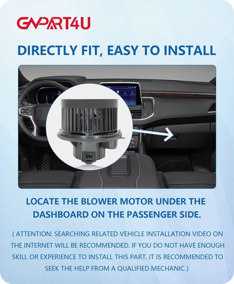 Front HVAC Blower Motor for Chevy Tahoe, Silverado, Avalanche, Suburban, GMC Sierra, Yukon, And Cadillac Escalade 2000-2006 Replacement Front Cabin Fan, Climate Control, Plug-and-Play Install, Durable OEM Style Fit, shown in vehicle dashboard installation guide