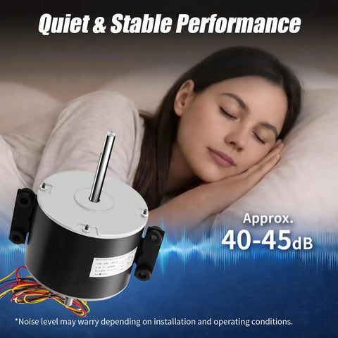 RV Air Conditioner Fan Motor With Capacitor 1/4 HP 3 Speed in foreground with sleeping woman, emphasizing quiet performance