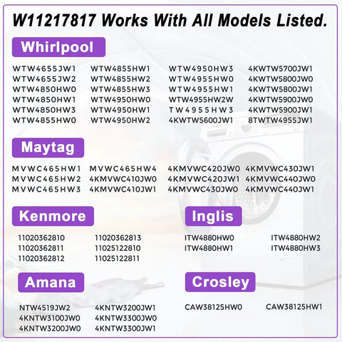 Compatibility chart for Washer Suspension Rod Kit 26.5 Inch Fits Whirlpool Maytag Amana Kenmore WTW4655JW0 WTW4655JW1 WTW4655JW2