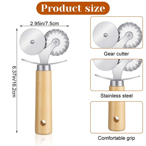 Sibba double-wheel pastry cutter with wooden handle; stainless steel wheels for dumplings, ravioli, and dough