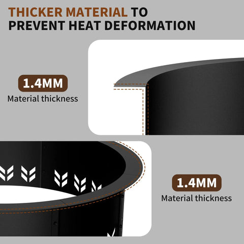Smokeless Fire Pit Ring Insert for Outdoor Use Heavy Duty Metal Round Ring With 30 Inch Inner Diameter and 36 Inch Outer Diameter Durable Fire Ring for Wood Burning Black Finish showing 1.4mm thickness and design detail