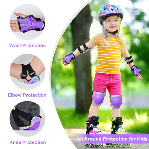 Child in roller skates wearing Super Comfy Kids Protective Gear Set Knee Pads Elbow Pads And Wrist Guards with rainbow unicorn design.