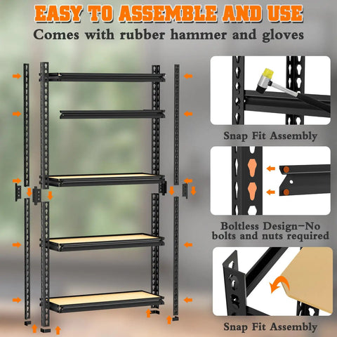 Tough As Nails 5-Tier Metal Shelving Unit Heavy Duty Storage Rack with snap fit assembly design and rubber hammer.