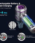Cordless Handheld Car Vacuum With Brushless Motor 16000Pa Suction LED Light Type C Port showing charging indicator and battery