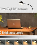 Gooseneck Clip Desk Lamp With Clamp, 10W 1100 Lumens on a wooden desk, showing brightness levels and flexible positioning