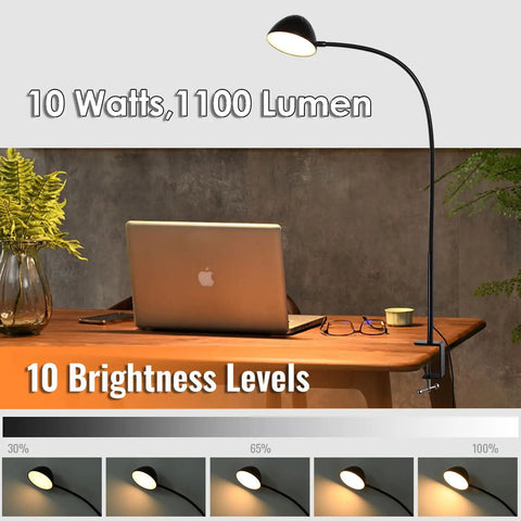 Gooseneck Clip Desk Lamp With Clamp, 10W 1100 Lumens on a wooden desk, showing brightness levels and flexible positioning