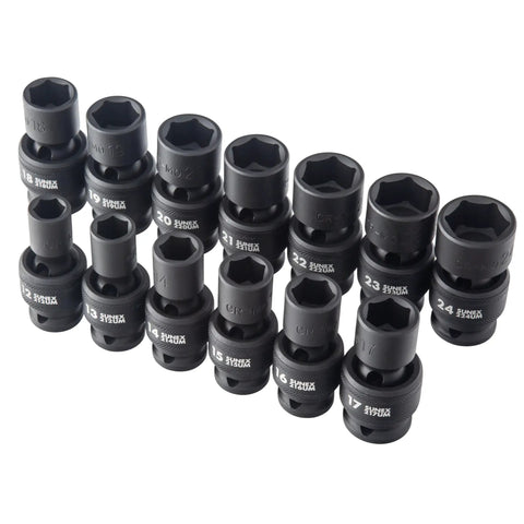 1/2 Inch Drive Universal Impact Socket Set, 13-Piece Metric, 12mm to 24mm, Cr-Mo Alloy Steel, radius corner design, top view