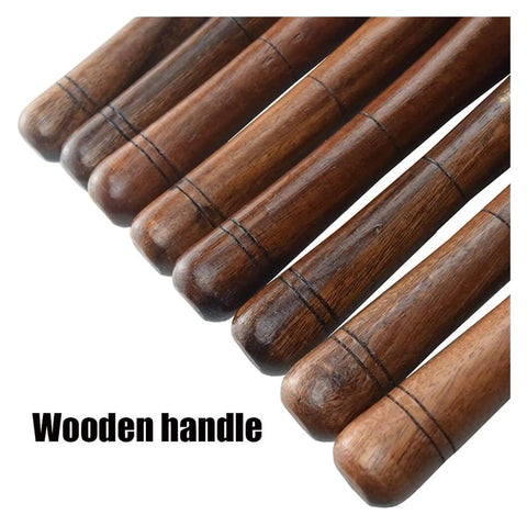 Dead Simple Wood Chisel Set Built Insanely Tough With High Carbon Steel Blades For Quick Wood Carving And Lathe Turning An Absolute Must Have Carpenter Gear Pack Kept Safe Inside A Classic Wooden Toolbox featuring wooden handles close-up.
