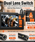 Dual Lens 4.3 Inch Endoscope Borescope display showing gear inspection, 33 Feet IP67 Waterproof Semi-Rigid Cable, 8 LED Lights