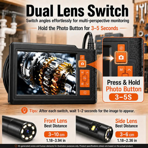 Dual Lens 4.3 Inch Endoscope Borescope display showing gear inspection, 33 Feet IP67 Waterproof Semi-Rigid Cable, 8 LED Lights