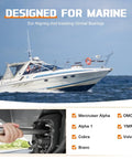 Boat on water with gimbal bearing alignment kit for marine engines installation site shown, compatible with listed drive systems.
