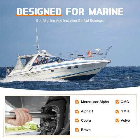 Boat on water with gimbal bearing alignment kit for marine engines installation site shown, compatible with listed drive systems.