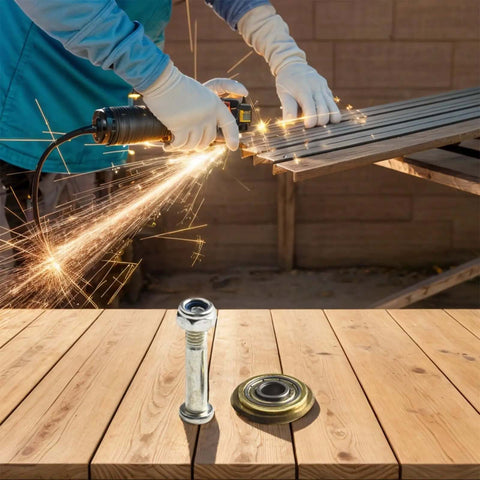 Person cutting metal with a grinder, foreground showing Manual Tile Cutter Replacement Rotary Bearing Wheels 22mm Metal Scoring Discs and screws.