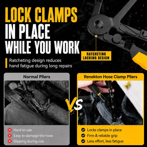 Comparison of normal pliers vs 9 Piece Hose Clamp Pliers Set With Long Reach Flexible Cable And Swivel Jaw for automotive lines