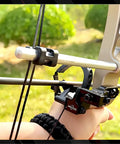 Close-up of Drop Away Arrow Rest For Compound Bow, All Metal Construction With Felt To Preserve Smooth Arrow Flight in use outdoors.
