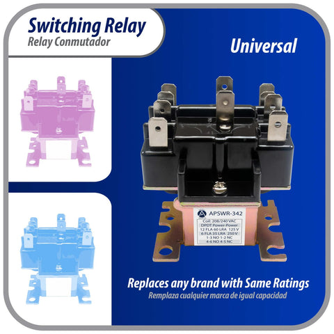Heavy Duty DPDT Relay For HVAC Fan Control, 208-240V Coil shown with universal fittings, replaces APSR-342, multi-use switching solution.