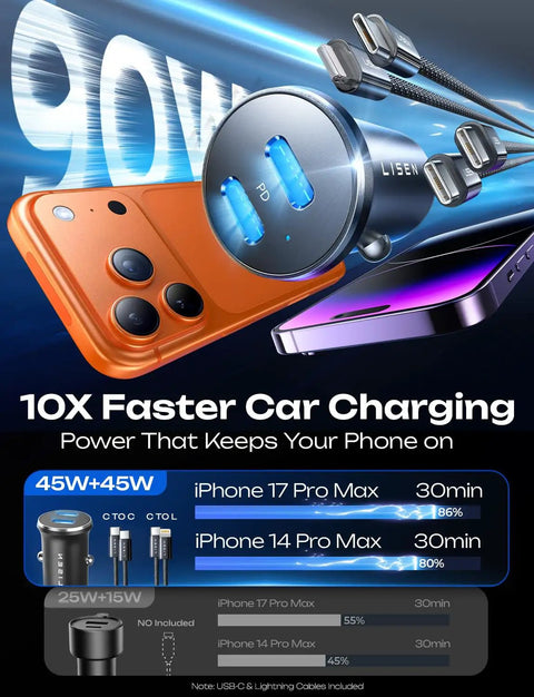 90W Dual PD3.0 Car Charger With USB-C And Lightning Cable Included, Fast Charge for iPhone 17 Pro Max, Samsung S26