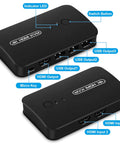 Two PC HDMI USB KVM Switch For Sharing A 4K Monitor Keyboard Mouse And Printer With Two Cables Included, ports labeled and visible