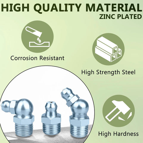 Front view of grease fittings set, zinc-plated steel SAE/metric zerk fittings (straight and 45/90-degree).