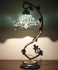 Sea Blue Tiffany Style Dragonfly Stained Glass Desk Lamp With Metal Leaf Base Reading Light For Bedside And Home Office 8x10x21 Inch UL Listed Easy On Off Cord Switch Cozy Decorative Lighting Perfect For Small Spaces