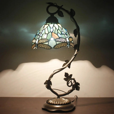 Sea Blue Tiffany Style Dragonfly Stained Glass Desk Lamp With Metal Leaf Base Reading Light For Bedside And Home Office 8x10x21 Inch UL Listed Easy On Off Cord Switch Cozy Decorative Lighting Perfect For Small Spaces