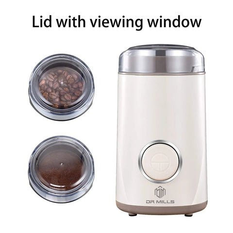 One Touch Electric Coffee Grinder For Beans And Spices With 150W Power, SUS304 Stainless Steel Blades, see-through lid, white model