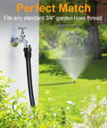 Outdoor faucet with hose in garden, showing 21 Piece Half Inch Drip Irrigation Fittings Kit With Anti Leak Lock Nut Barbed Connectors