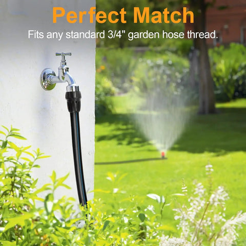 Outdoor faucet with hose in garden, showing 21 Piece Half Inch Drip Irrigation Fittings Kit With Anti Leak Lock Nut Barbed Connectors