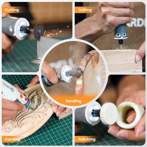 Killer 8V Cordless Rotary Tool Set Drops Inside A Zippered Bag Loaded With 42 Heavy Duty Bits, showing cutting, drilling, sanding and polishing in action.