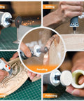 Badass 8V Cordless Rotary Tool Kit With 28000 RPM Motor And Five Adjustable Speeds Includes Eighty Versatile Accessories demonstrating cutting, drilling, sanding, carving, and polishing.