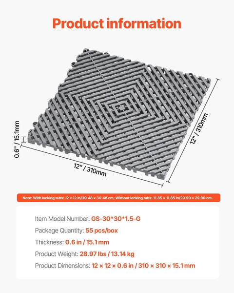 Interlocking Drainage Mat Tiles 12 Inch By 12 Inch Pack Of 55 Non Slip PP Floor Shower Mats For Garage Garden Kitchen And Outdoor Use Gray For Any Wet Area