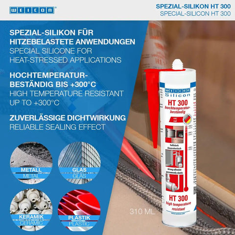 Heavy Duty High Temp Silicone Sealant For Sealing Bonding And Insulating Withstand Up To 572 Fahrenheit Red For Oven Chimney Adhesive In Home And Industrial Use Two Point Eight Ounce visible on packaging.