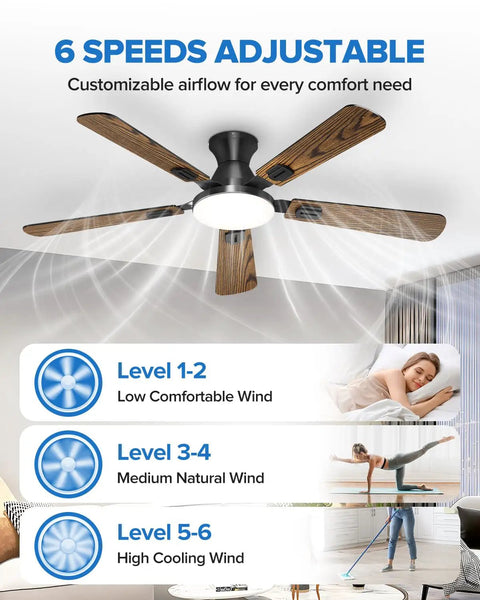 52 Inch Ceiling Fan With Remote Control And Integrated Lighting Flush Mount Style With Real Wood Blades And Matte Black Finish delivering customizable airflow settings.